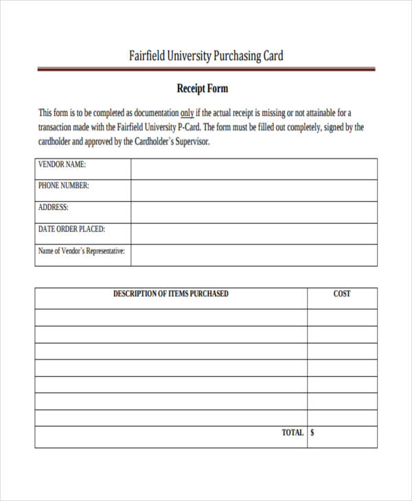 purchase receipt form example