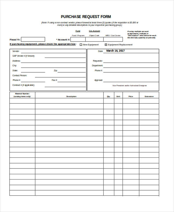 purchase request form sample