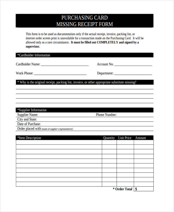 purchasing card missing receipt form1