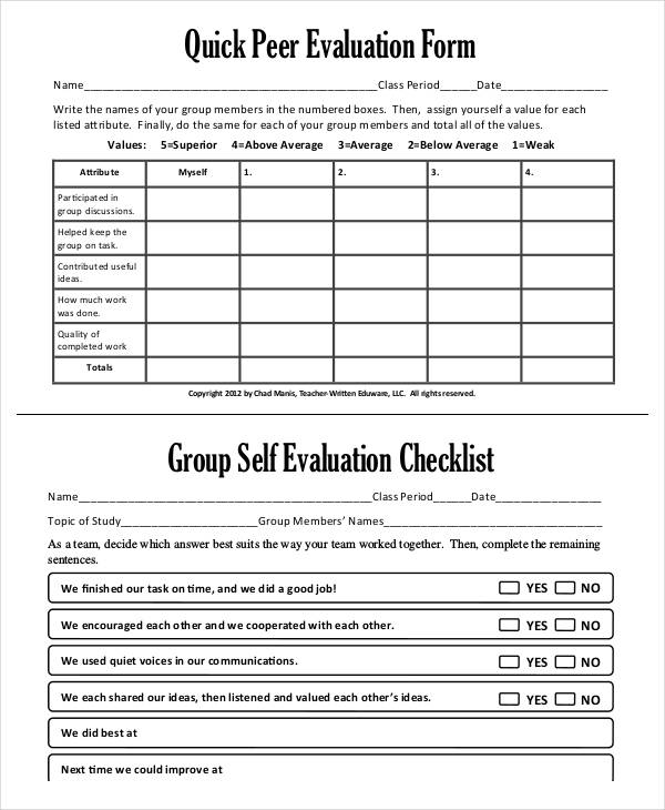 quick peer student evaluation form