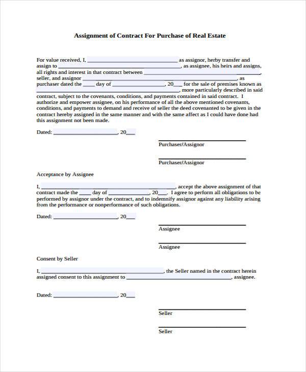 real estate assignment contract form