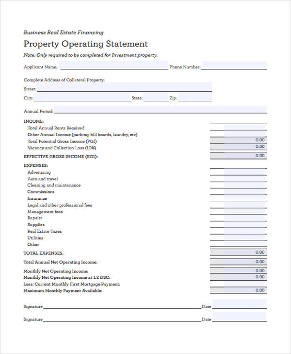 real estate operating statement form