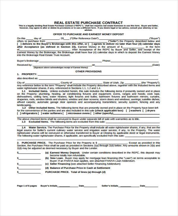 real estate purchase contract form