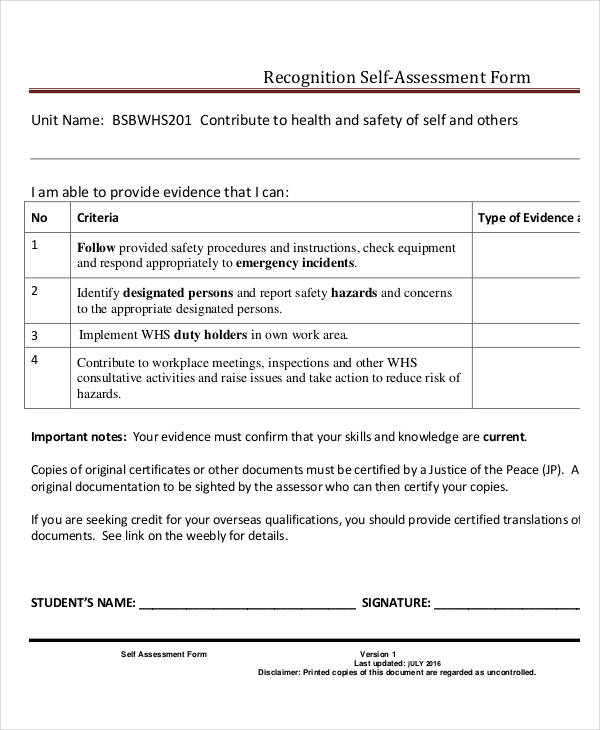 recognition criteria self assessment form