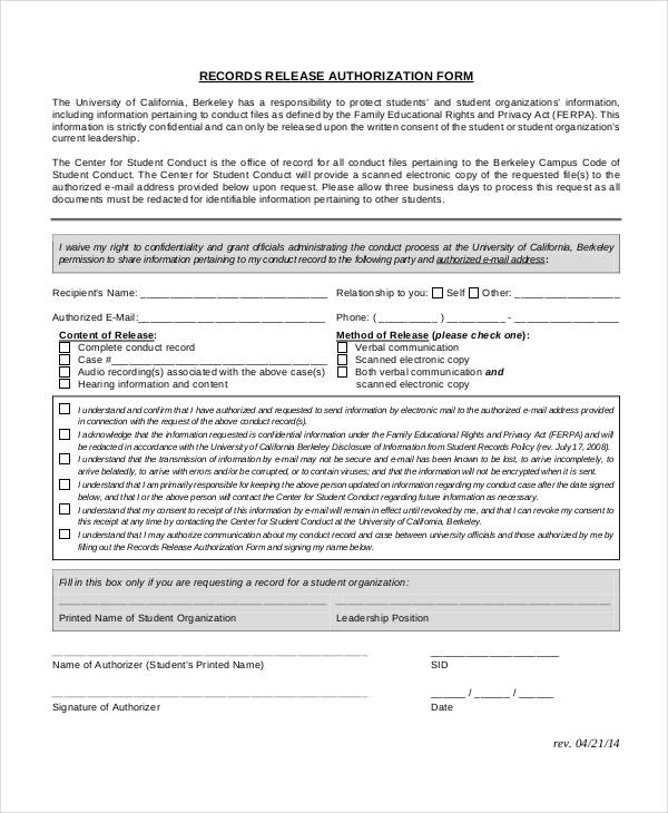 records release authorization form example