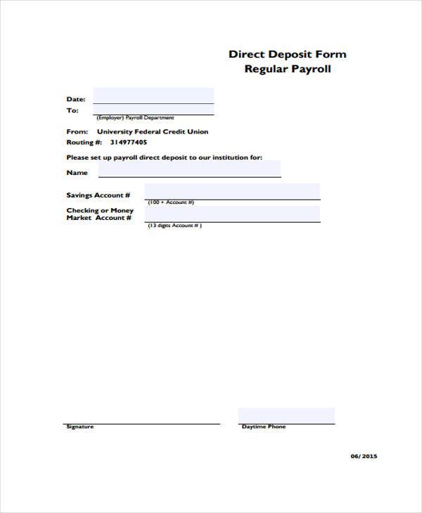 regular payroll direct deposit form