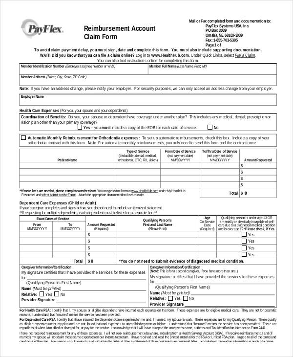reimbursement account claim form
