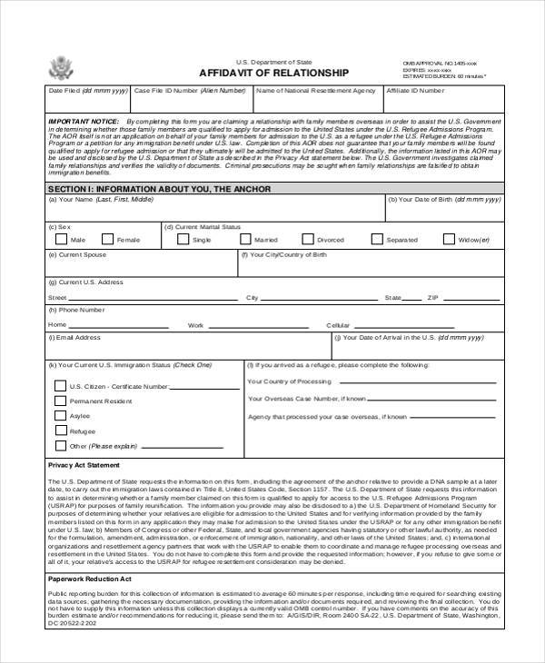 relationship affidavit form example