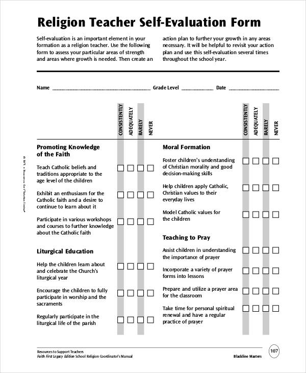 religion teacher self evaluation form