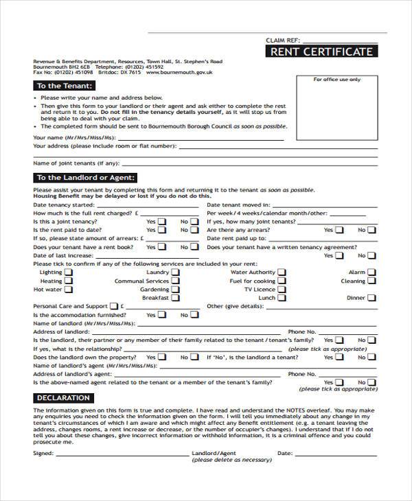 rent certificate form free