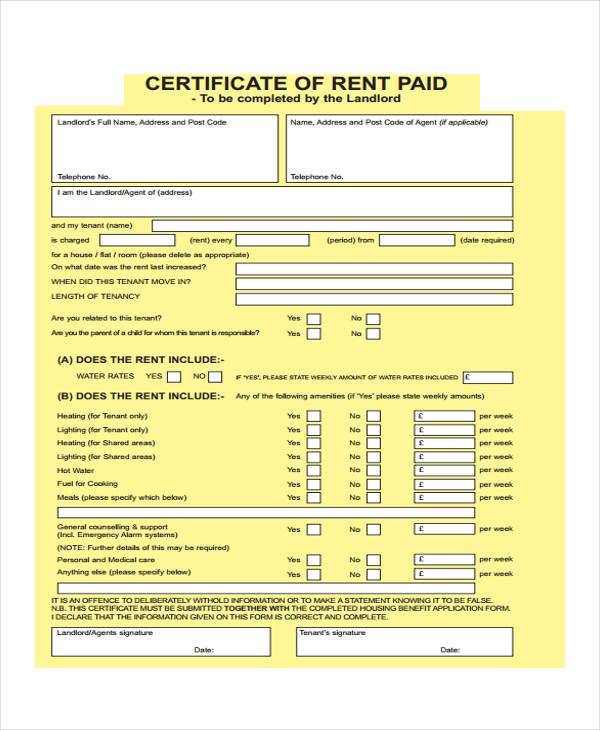 rent paid certificate form