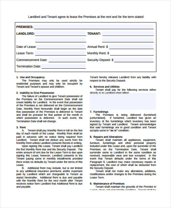 rental house lease agreement form