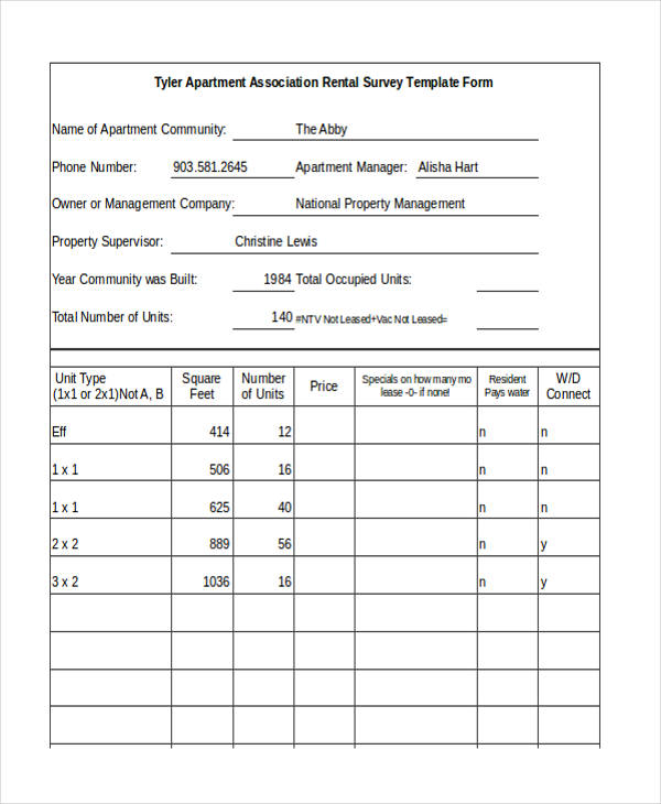 rental survey template form