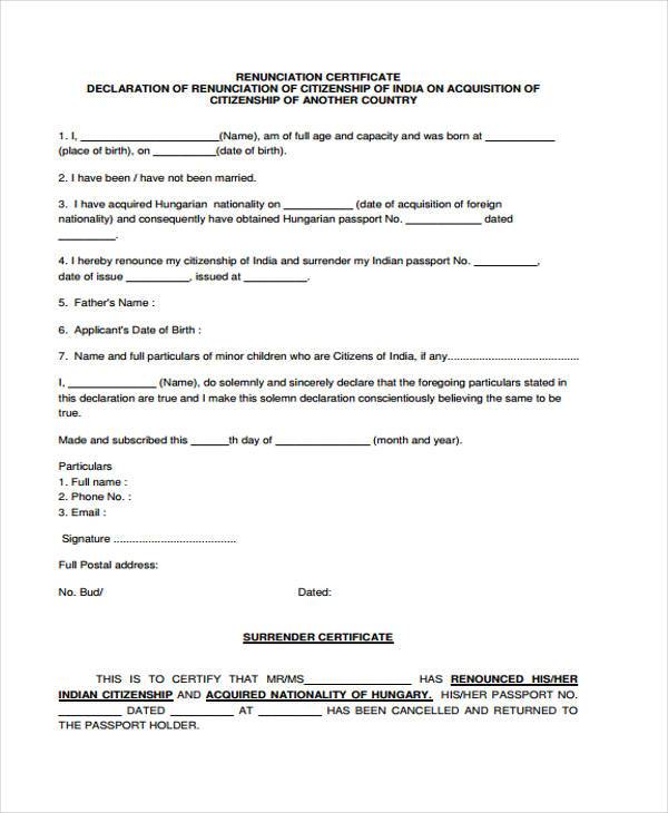 renunciation certificate form example