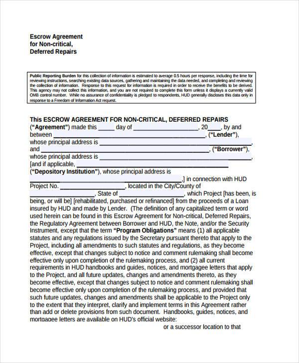 repair escrow agreement form example