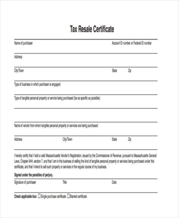 resale tax certificate form