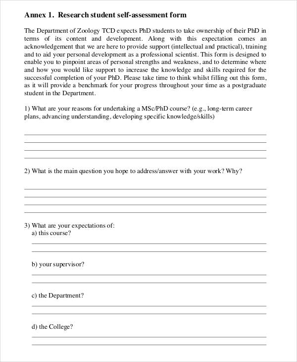 research student self assessment form
