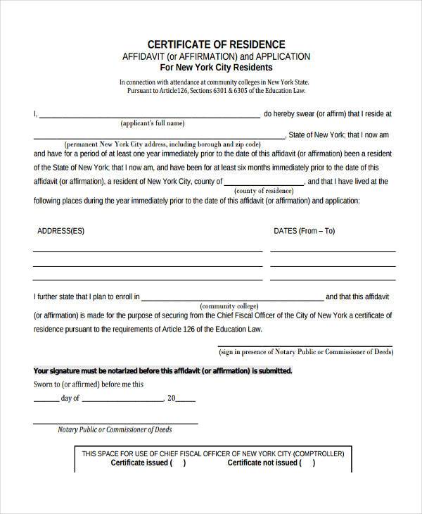 residency certificate form in pdf