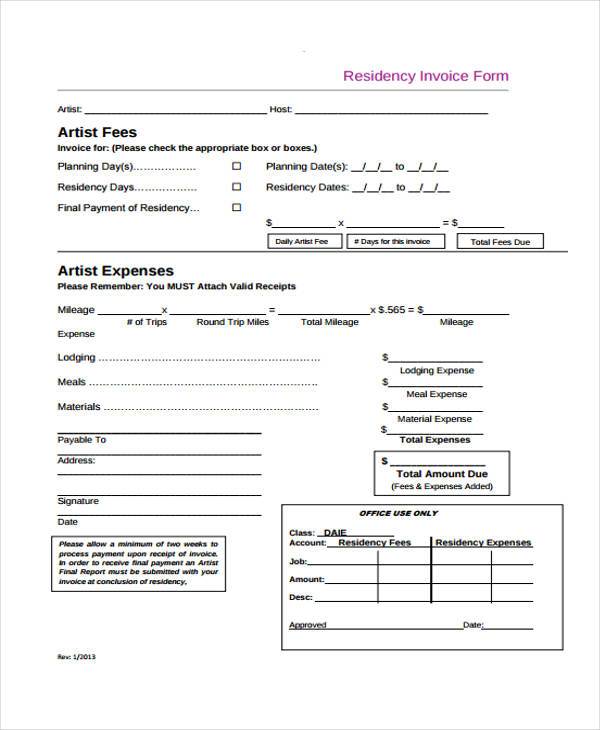 residency invoice form in pdf