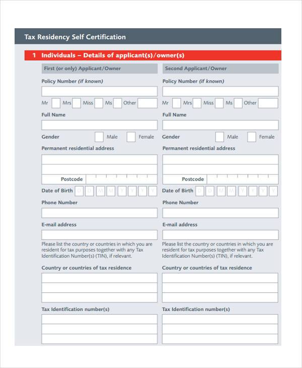 residency self certificate form