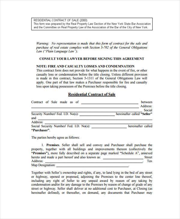 residental contract of sale form