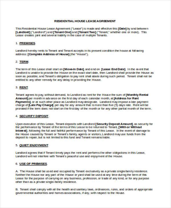 residential house lease agreement form
