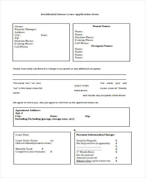 residential house lease application form