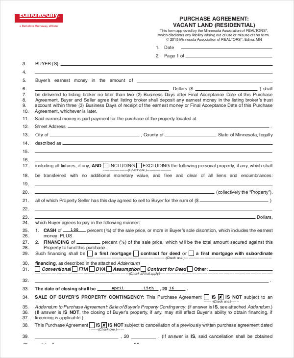 residential land purchase agreement form