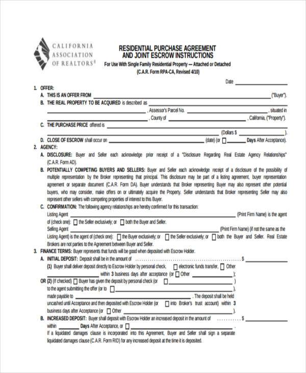 residential purchase agreement form