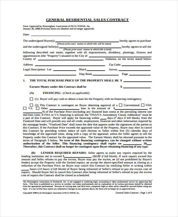 residential sale contract form