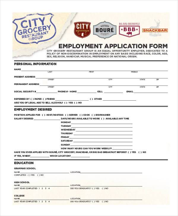 restaurant application for employment