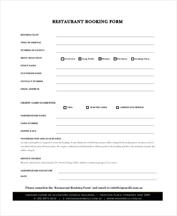 restaurant booking form
