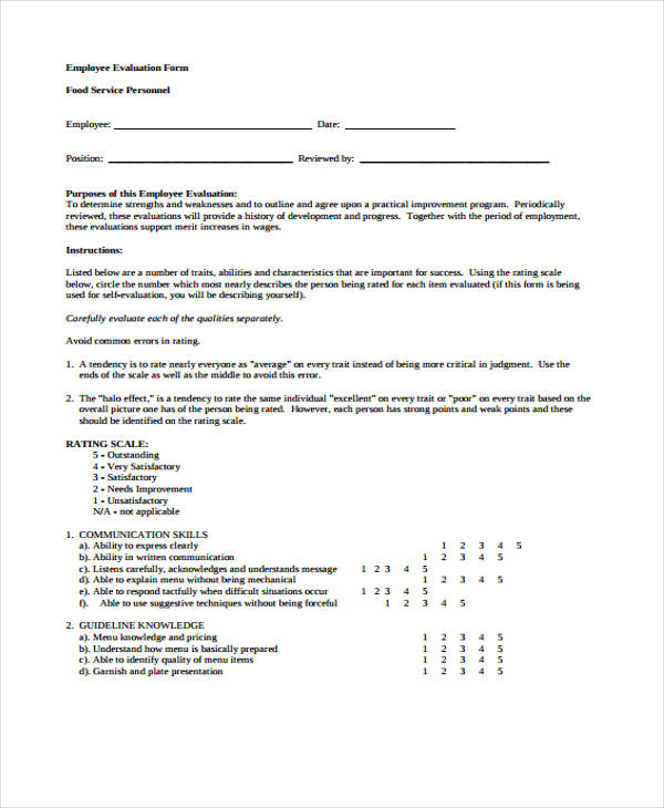 restaurant employee evaluation form