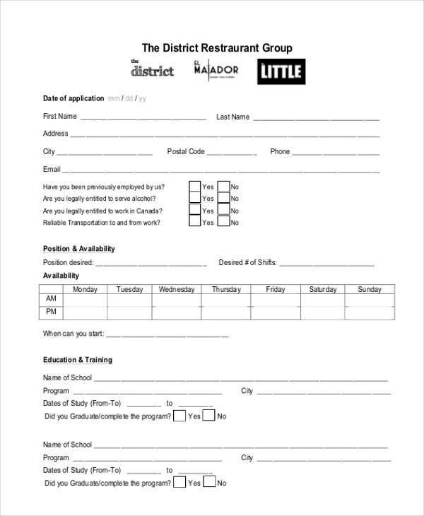 restaurant group application form