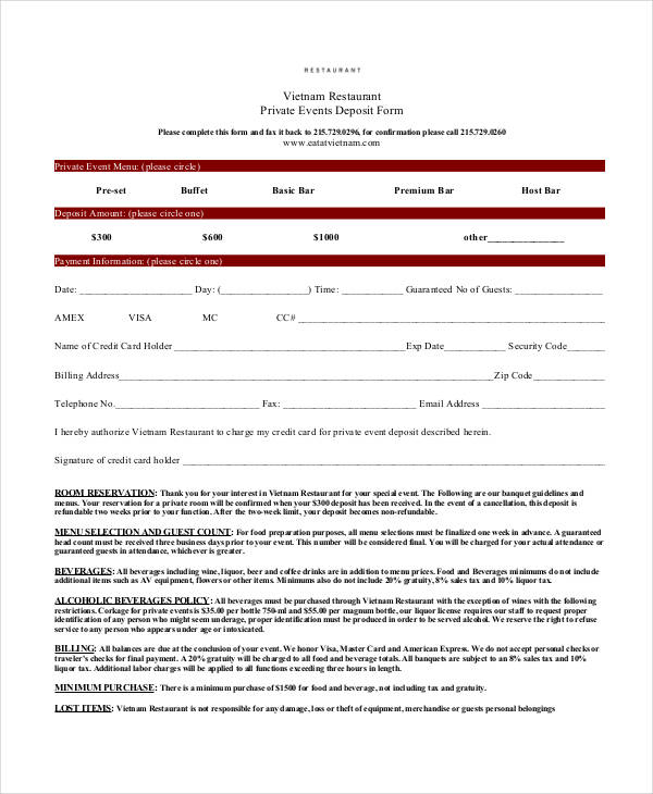 restaurant reservation deposit form3