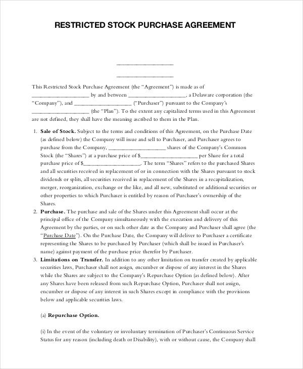 restricted stock purchase agreement form