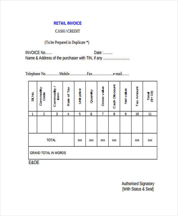 retail invoice form sample