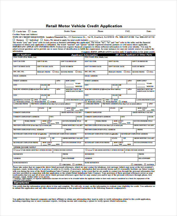 retailer motor vehicle credit application form