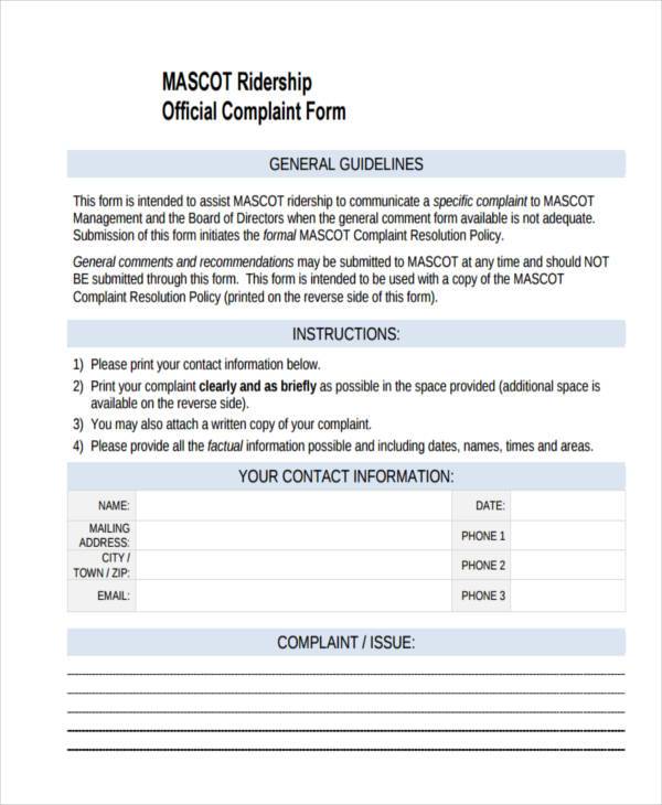 ridership official complaint form
