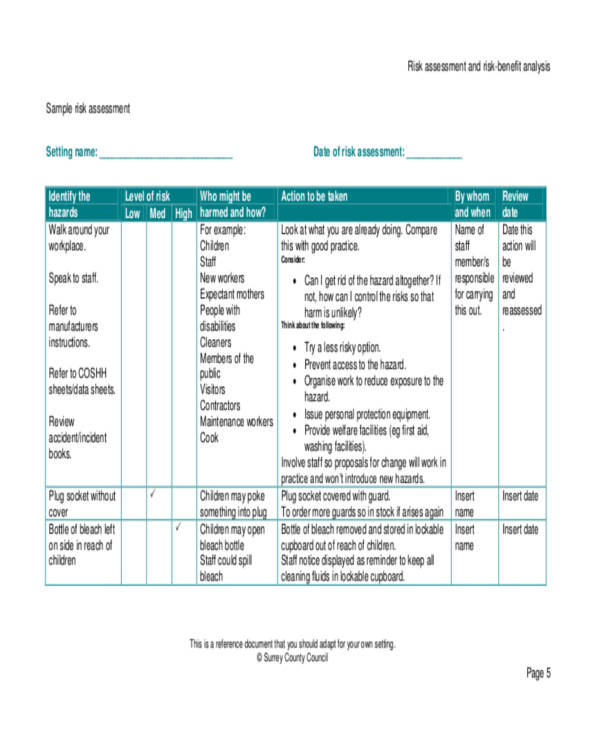 risk benefit analysis assessment form