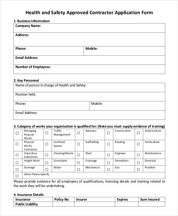 safe contractor application form