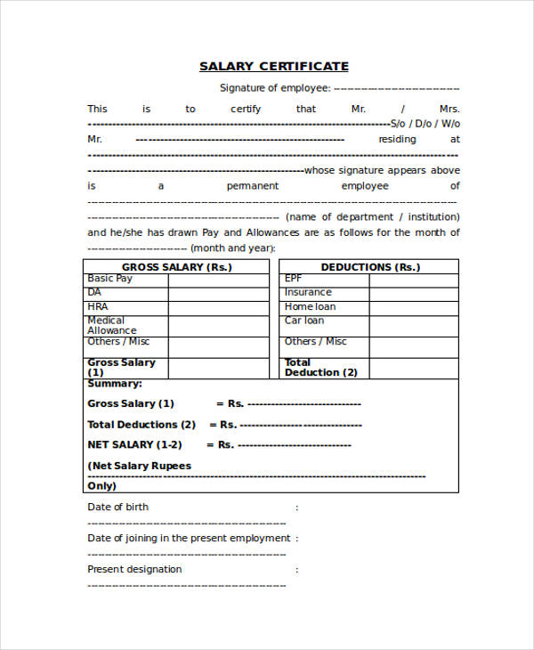 salary certificate form sample