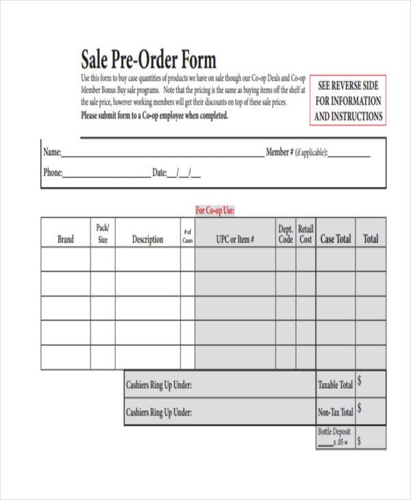 sale pre order form