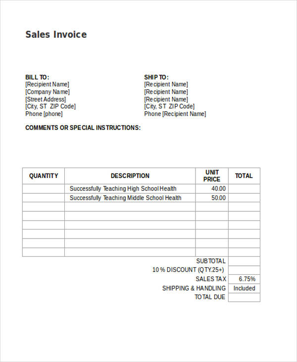 sales invoice in word format