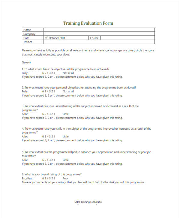 sales training evaluation form in pdf
