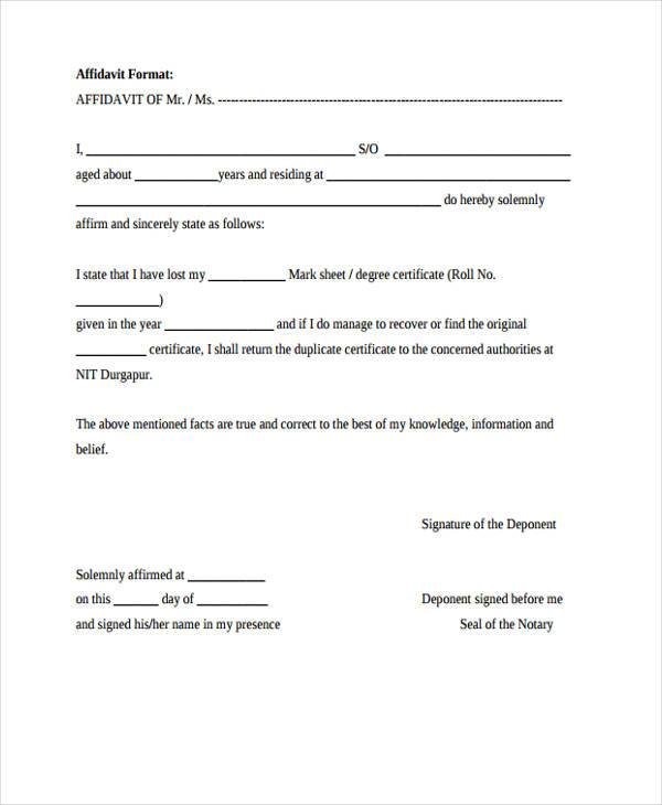 sample affidavit format form