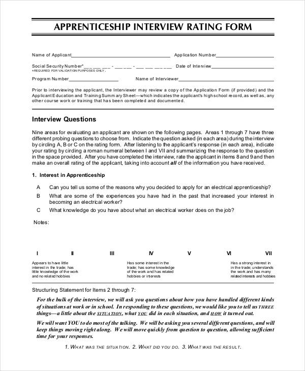 sample apprenticeship interview rating form
