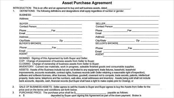 sample asset purchase agreement forms
