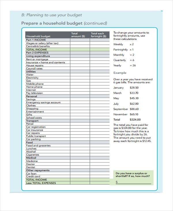 sample blank household budget form