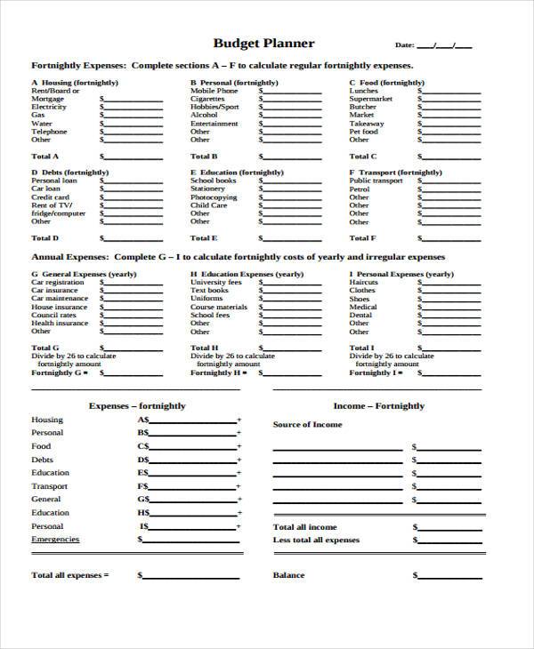 sample budget planner form
